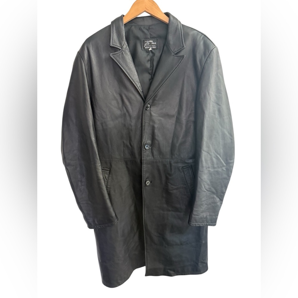 Vera Pelle Vintage Black Trench Coat Y2K Oversized Vegan Leather Size 54 Italy